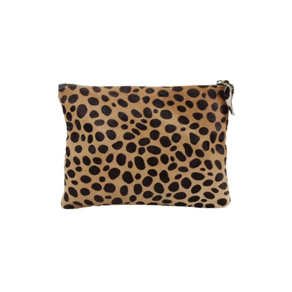 Clare Vivier Womens Calf Hair Leopard Print Zip Clutch Handbag Brown
